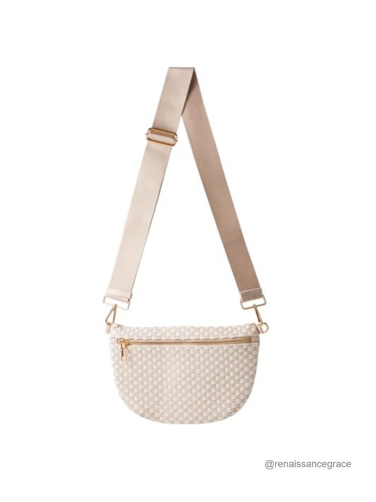 Woven Vegan Leather Crossbody Bag Checkered Bum Bag Sling Purse Adjustable Strap